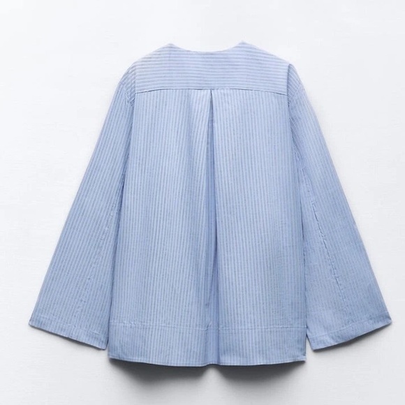 ZARA BLUE WHITE STRIPE COTTON BLEND V NECK POPLIN BLOUSE  WITH VENTS SIZE M - Picture 6 of 11